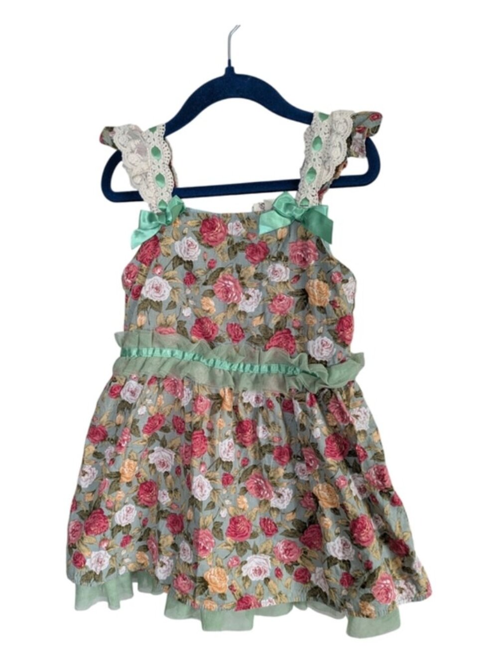 Do Some‎ Floral Lace Tulle Dress Green Yellow Cream Red Victorian Size 12/18 M